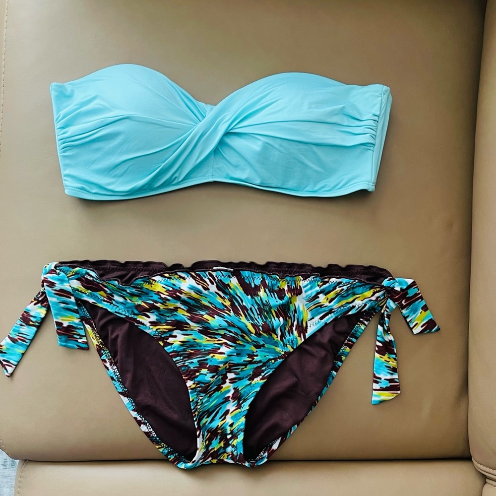 Turquoise Bandeau Bikini Top with Brown/Turquoise  Bottom